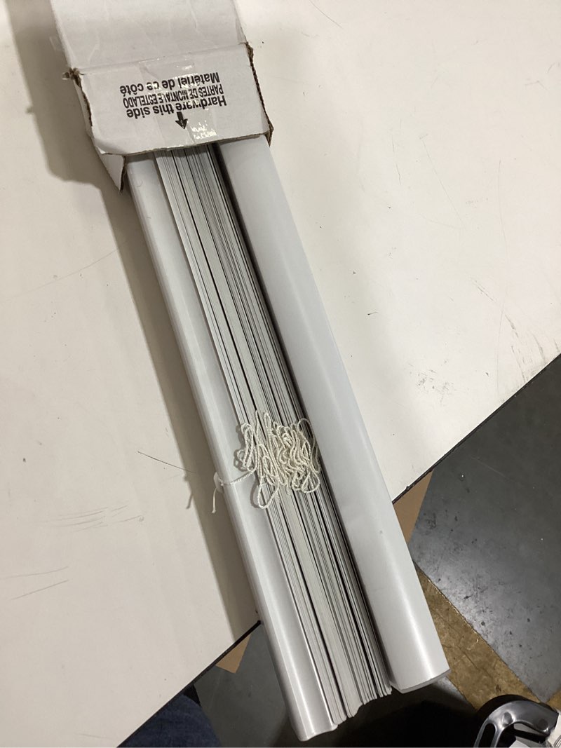 Condition photo showing As Is for project source room darkening 1-in slat width 27-in x 64-in cordless white vinyl room darkening mini-blinds