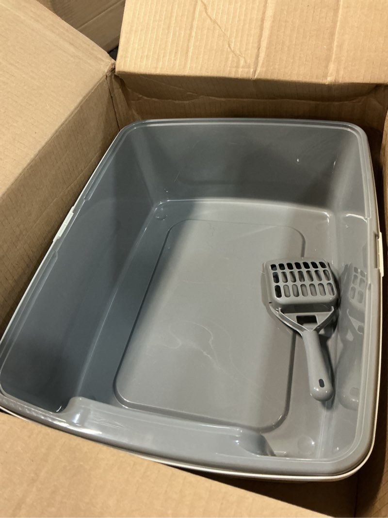 Condition photo showing As Is for amazon basics large cat litter box with high sides, open top for easy access, includes scoop with storage, 19" x 15" x 11.75", grey/beige grey/beige open top