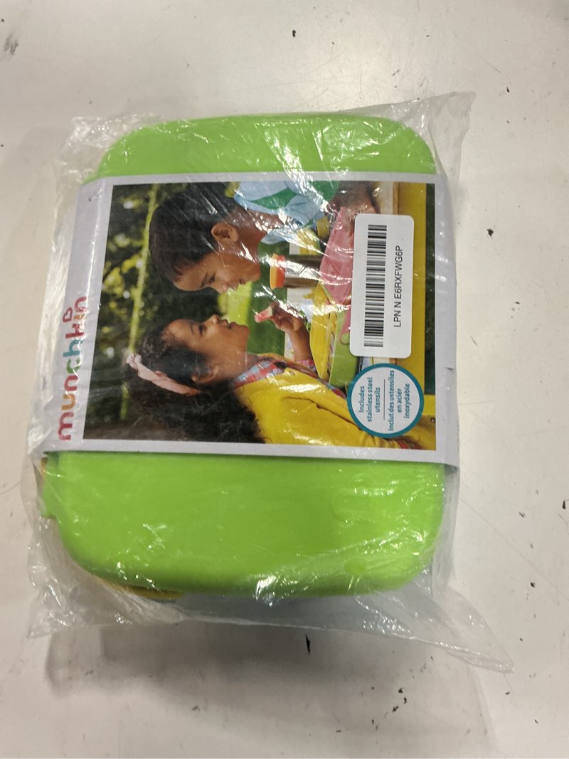 Condition photo showing New/Like New for munchkin lunch bento box for kids and toddlers, includes stainless steel utensils, bpa-free, 18 months and up, blue/green/yellow green 1 count (pack of 1) solid