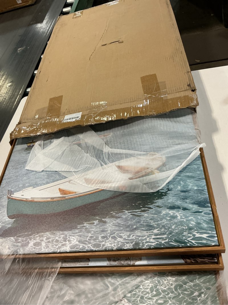 Condition photo showing As Is for Natural Coastal Ocean Framed Canvas Wall Art Set,Modern Whitewashed Architecture Scenery Wall Decor, Mediterranean Beach Boat Landscape Artwork for Living Room, Bedroom,Farmhouse- 24"x36"x3 Natural Coastal Ocean Wall Art 24"L x 36"W