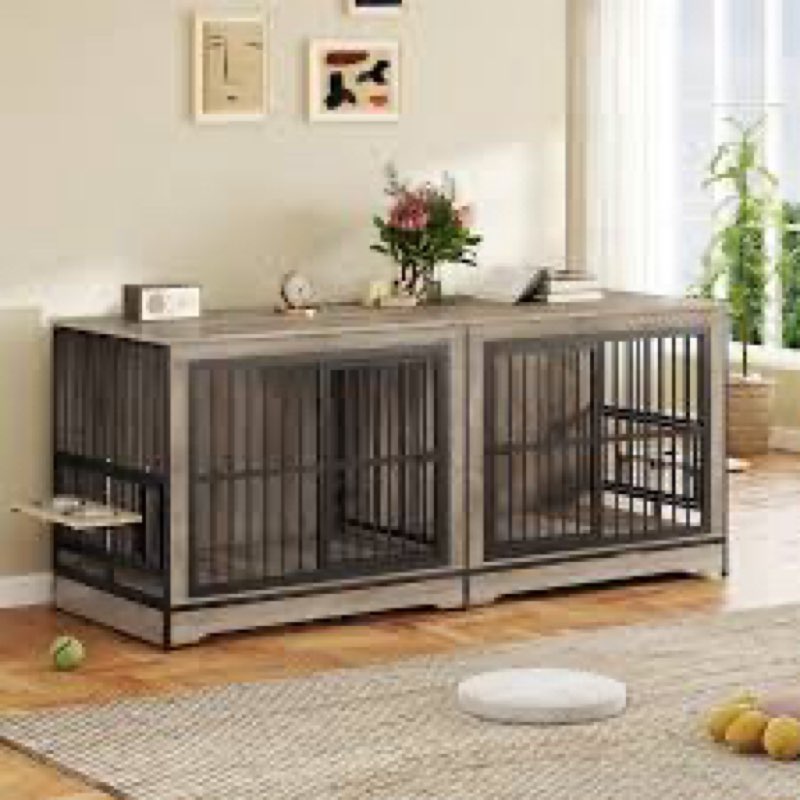Rovibek 78 Double Dog Crate Furniture for 2 Large Dogs Indoor, Wooden Furniture Dog Crates with Dog 