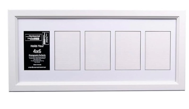 Creative Letter Art 4” x 6” Multiple Opening Picture Frame Collage with 5 holes, Cottage White Frame with 10 x 24-inch White Mat, Full-Strength Glass, Photo Collage for Wall, 5 Openings