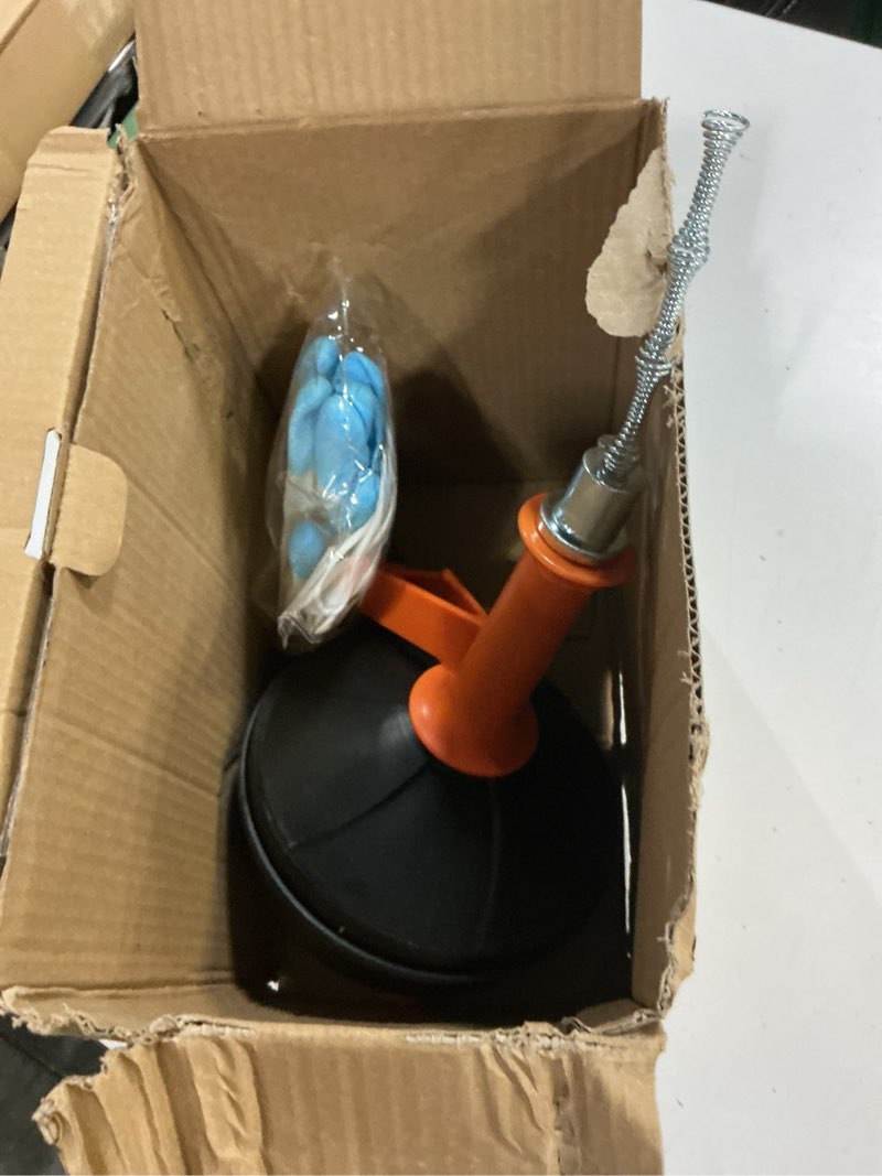 Condition photo showing As Is for drain auger, clog remover with drill adapter, 25 feet flexible plumbing snake use manually or powered for kitchen, bathroom and shower sink, comes with gloves (orange)