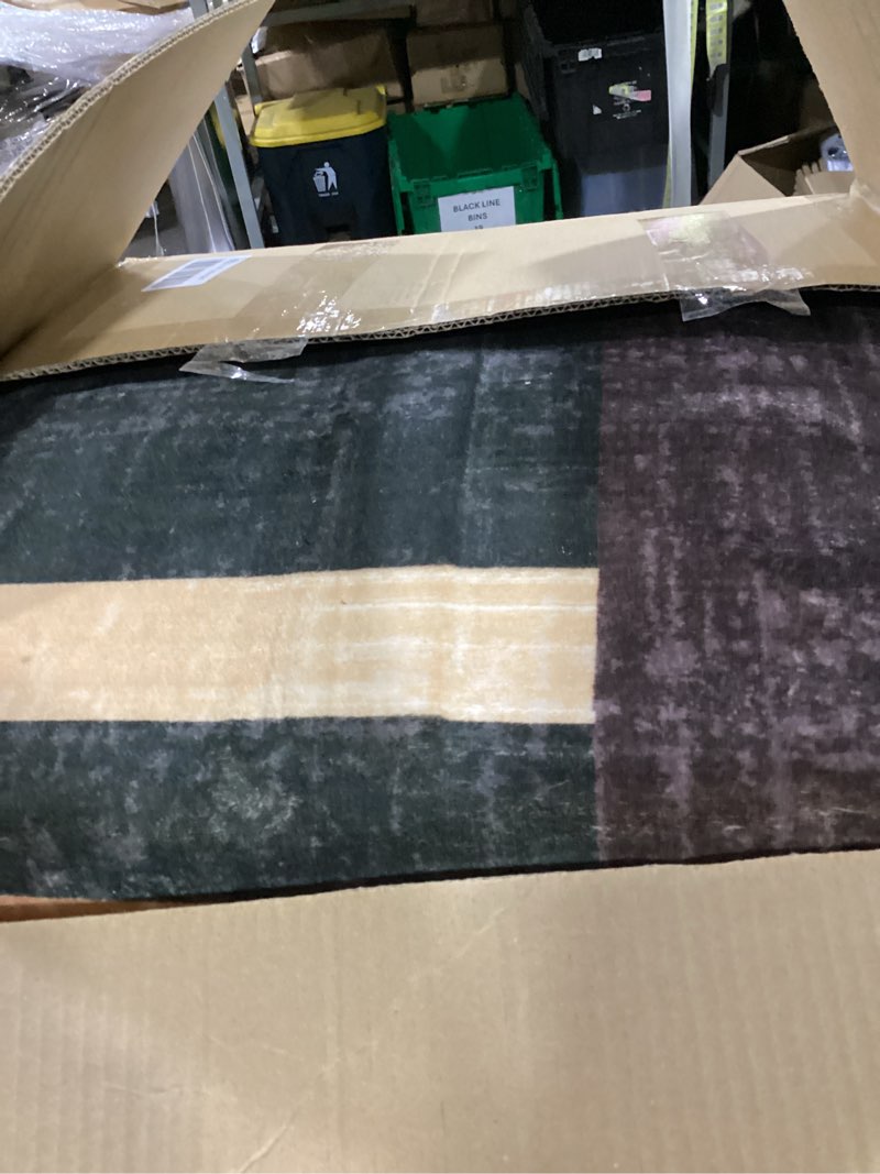 Condition photo showing As Is for large area rug 8x10 modern geometric entryway low pile thin non slip throw foldable accent indoor floor cover for bedroom, brown