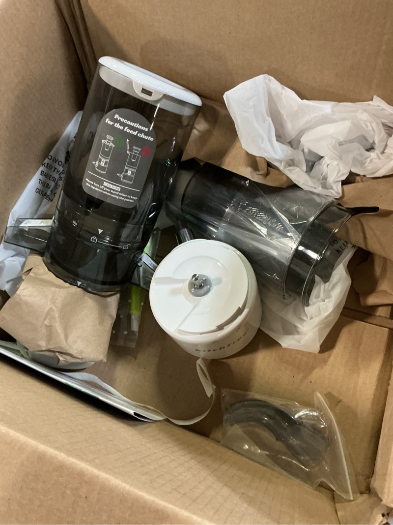 Condition photo showing Good Condition for kitchtree masticating juicer attachment for kitchenaid stand mixer, 4.2" large feed chute fit whole vegetables & fruits, slow cold press juicing, includes 2 * 28oz capacity cups white+grey