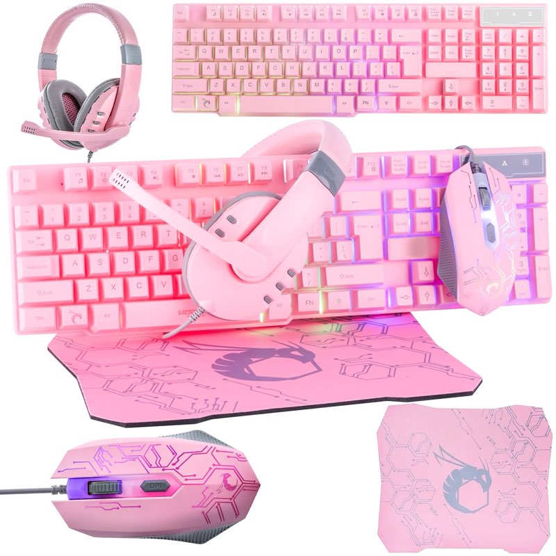 pink gaming keyboard and mouse headset headphones and mouse pad, wired led rgb backlight bundle pink