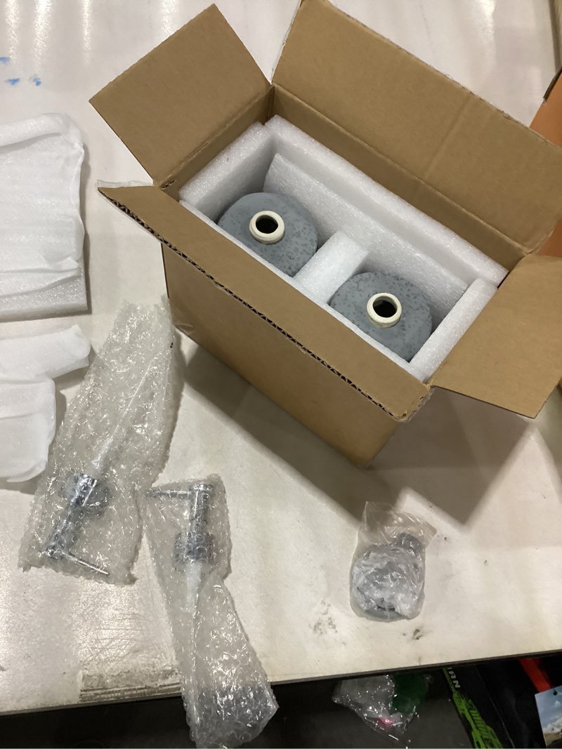 Condition photo showing New/Like New for Ceramic Soap Dispenser Set(2 Pack) – Hand Soap, Dish Soap, Shampoo & Shower Soap Dispenser for Bathroom & Kitchen, Stainless Steel Pump, Includes Silicone Funnel & Diatomaceous Tray, Gray Gray and White 2x Soap Dispenser Set with Tray