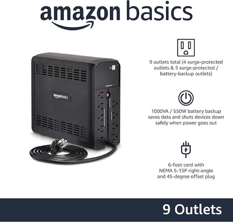 amazon basics ups battery backup & surge protector, 1000va/550w, 9 outlets, line interactive uninterruptible power supply with avr sinewave technology, black