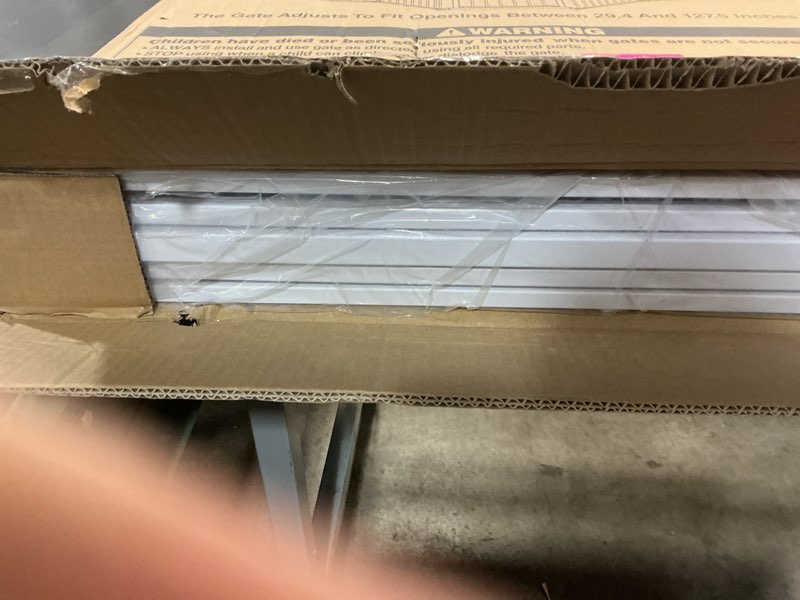Condition photo showing New/Like New for 127.5" extra wide baby gate for fireplace christmas tree, configurable 5 metal panels baby fence, child gate for wide openings with anti-trip pedal, long kid gate for dog pet, 28'' tall white white 127.5" wide