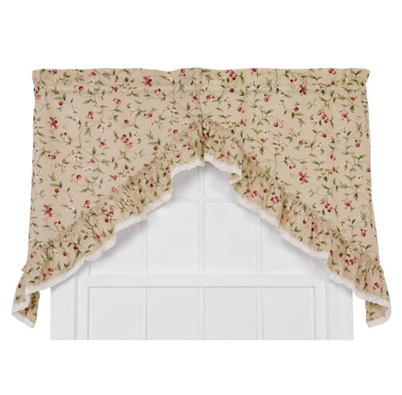 Ellis Curtain Kitchen Collection Cherries Ruffled Swag Curtains, Natural, 58.00" x 36.00"