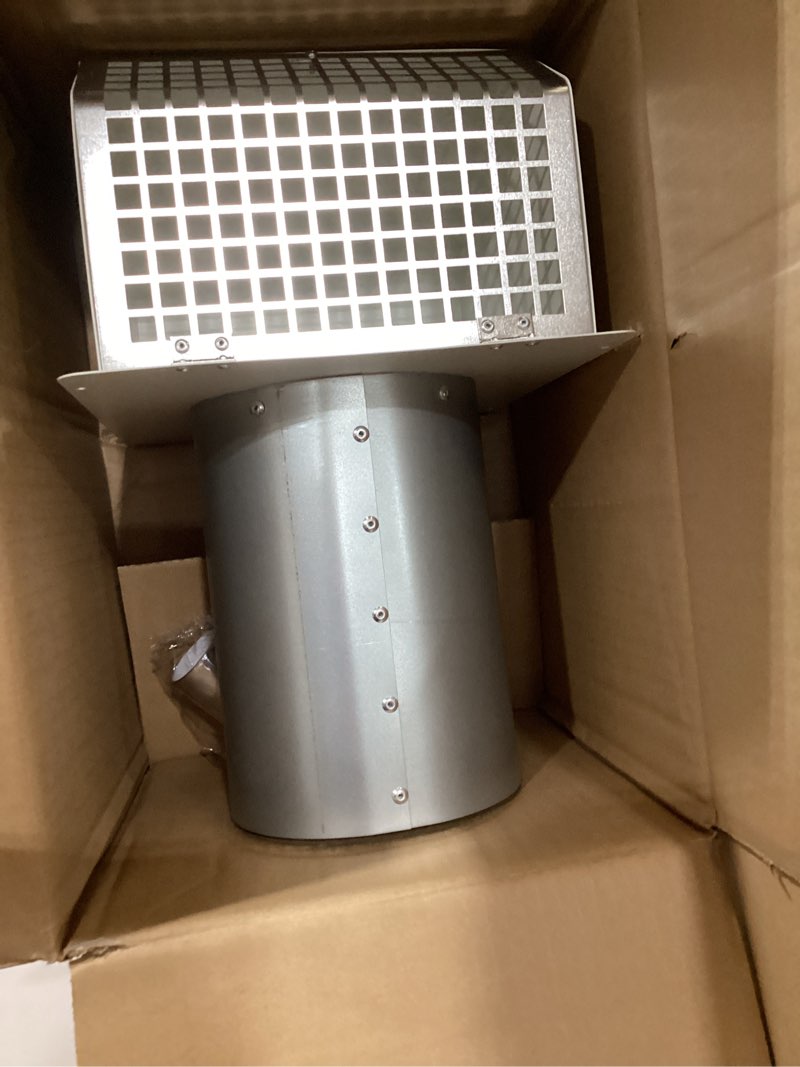 Condition photo showing New/Like New for 6 inch wall vent cover with damper & screen, exterior hooded exhaust vent cap for kitchen range hood, dryer, bathroom fan, hvac duct, outdoor air ventilation, galvanized steel, white