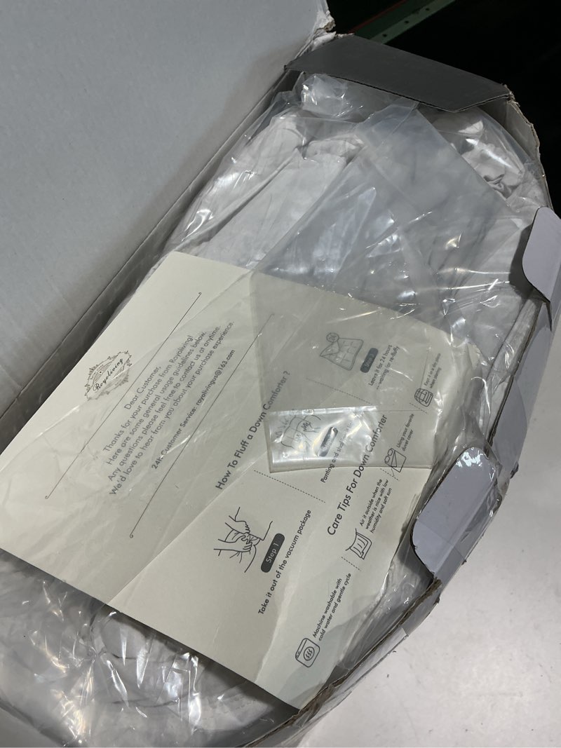 Condition photo showing As Is for Royoliving Premium Feathers Down Duvet Insert Comforter California King Size All Season Medium Warmth White 100% Cotton Cover with Corner Tabs (108x98, 67 oz) White California King All Season