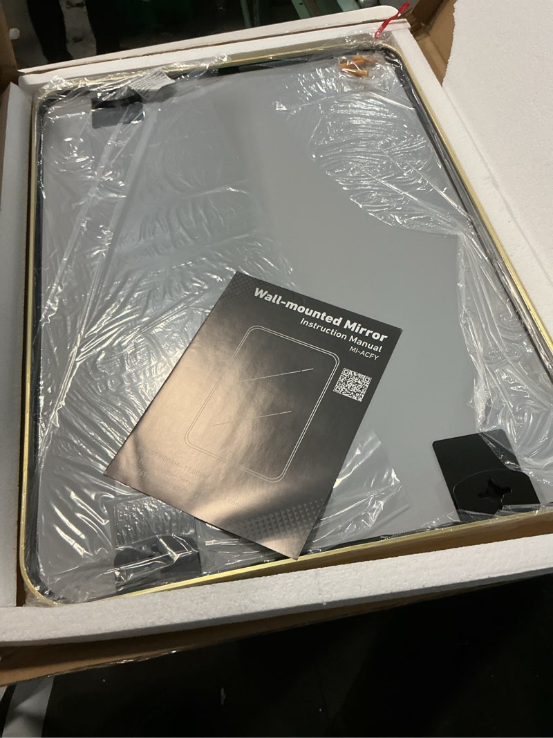 Condition photo showing Good Condition for olixis bathroom mirror for over sink, 30x22 inch wall rounded rectangle mirror with matte metal framed, modern wall mount vanity mirrors for home decor, living room, bedroom, gold gold-rect 30"l x 22"w
