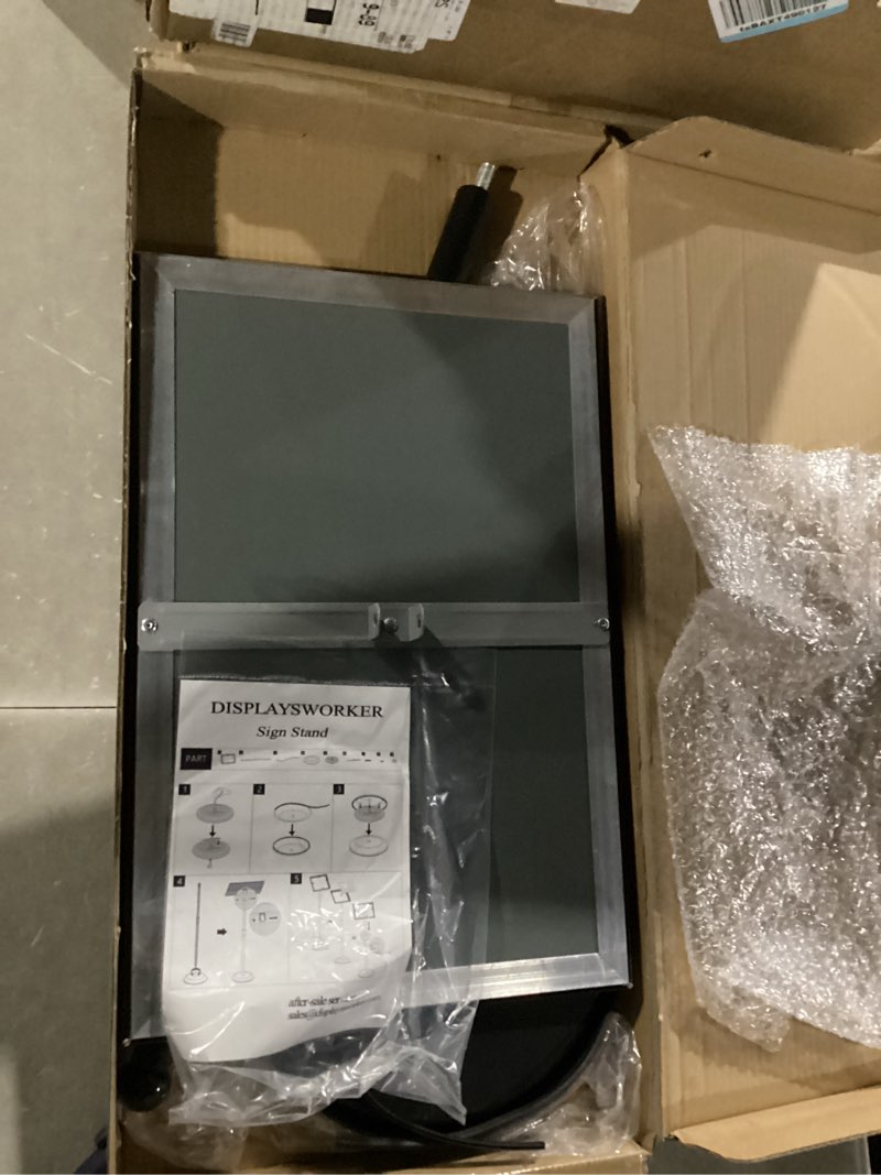 Condition photo showing New/Like New for displaysworker adjustable poster sign stand 11 x 17,floor-standing sign holder with heavy duty pedestal,aluminum snap-open frame , vertical and horizontal view sign displayed, black (11 x 17) black 11-x-17-inch