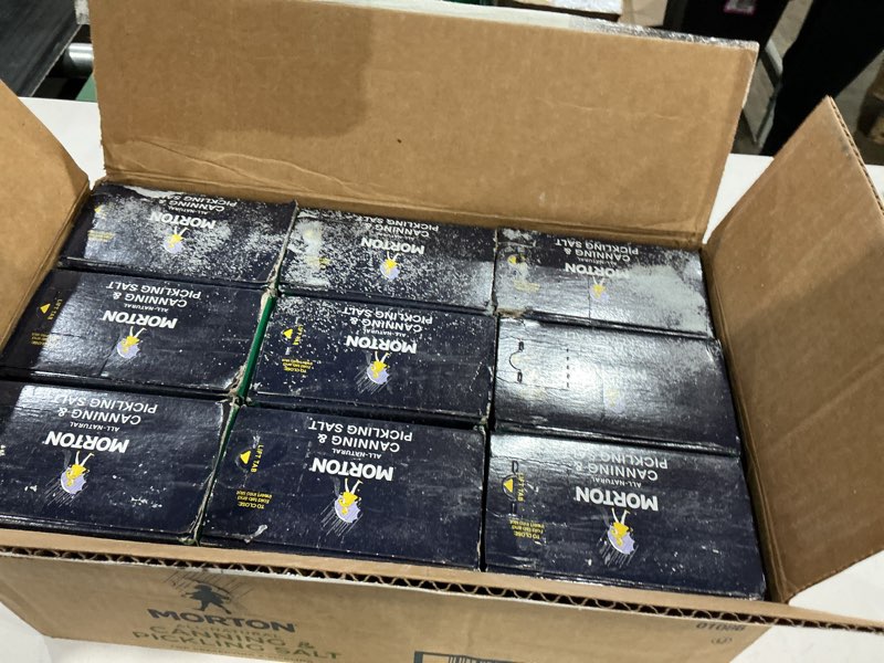 Condition photo showing As Is for morton canning & pickling salt (4 lb), 9-pack, bulk salt, perfect for preserving & home canning 4 pound (pack of 9)