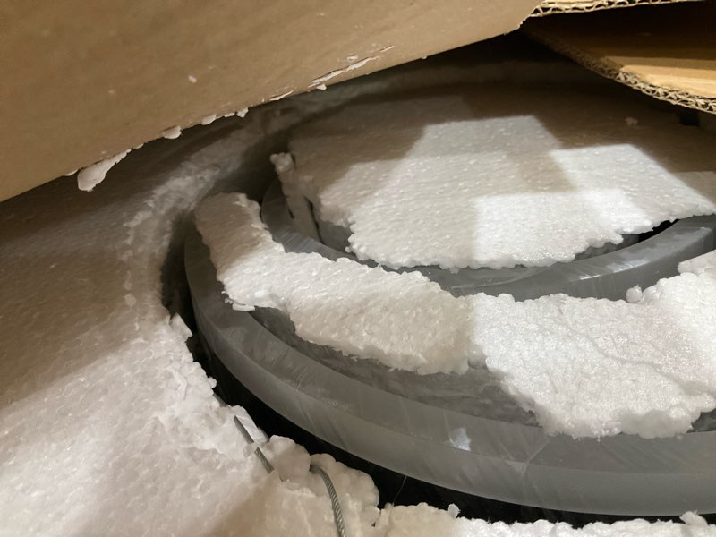 Condition photo showing New/Like New for Modern Dimmable Led Chandelier - 5 Rings, Acrylic, Remote Control for High Ceiling Dining Room Silver Large,D31.5"