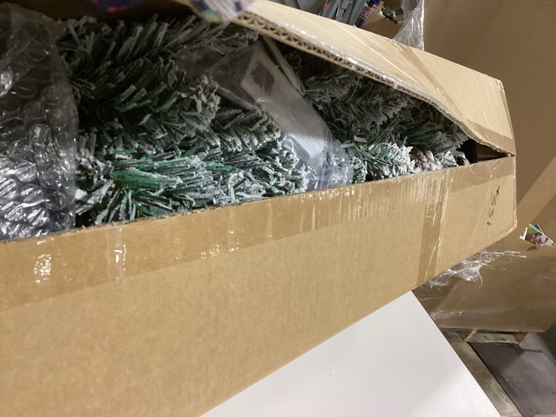 Condition photo showing As Is for 2 Pack 4 Ft Snow Flocked Christmas Entrance Tree in Pot Base with Timer 8 Mode 60 Warm White and Colorful Change Lights 12 Pine Cone Battery Operated for Porch Front Door Entryway Home