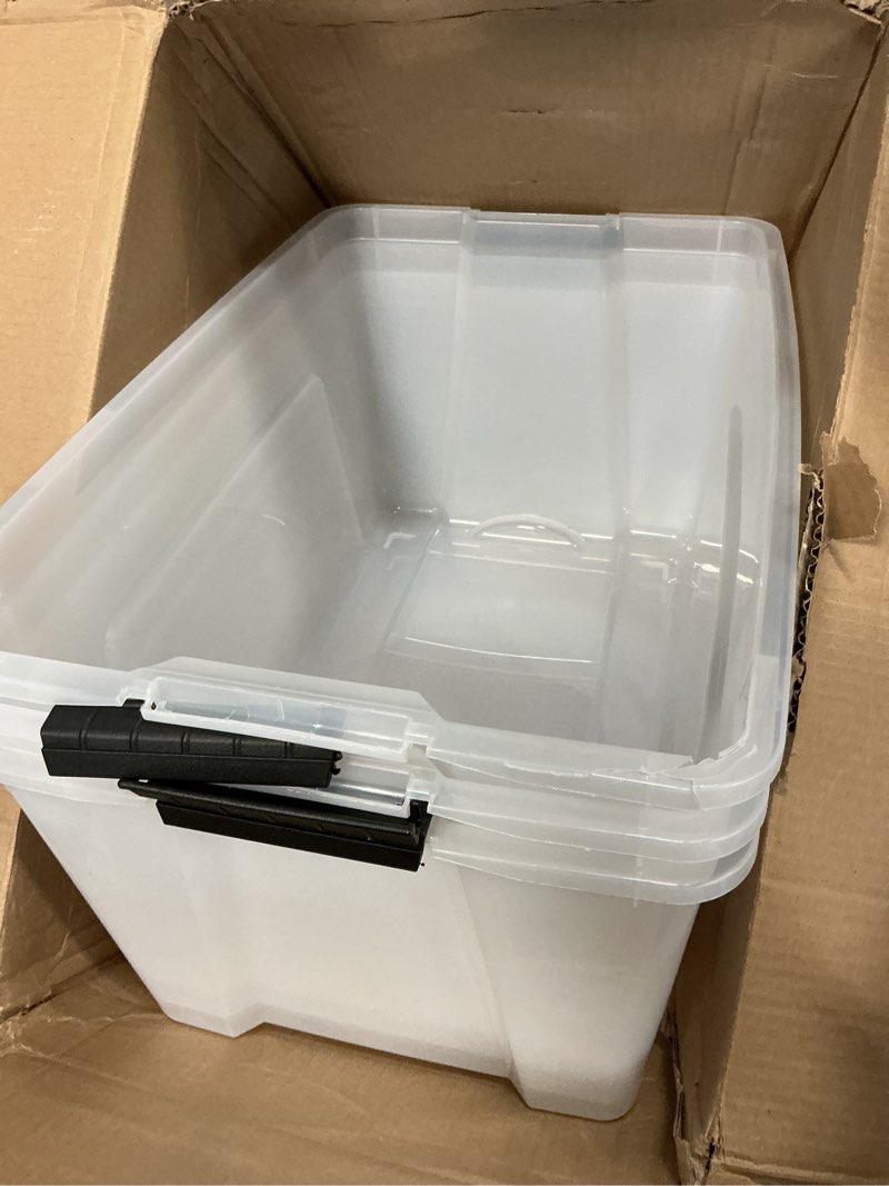 Condition photo showing As Is for IRIS USA 72 QT Plastic Storage Box with Lid and Latches - 3 3 Pack - BPA-Free, See-Through Organizing Solution, Durable Nestable Stackable Containers, Secure Pull Handle - Clear Clear 72 Qt 4 Pack