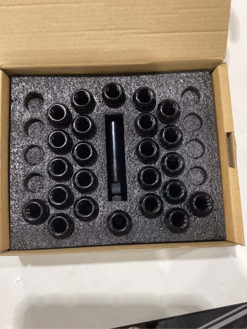 Condition photo showing New/Like New for m14x1.5 black truck lug nuts, 24pcs for 6 lug wheels, 2" tall acorn seat with socket key, replacement for chevy silverado tahoe gmc sierra ford f150 m14x1.5 24 pcs black