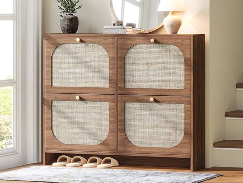 nicetree freestanding ultra slim arched rattan accent shoe storage cabinet for entryway - 4 flip dra