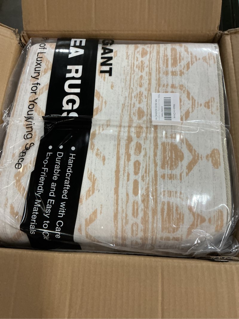 Condition photo showing New/Like New for 5x7 Area Rug for Living Room Moroccan Washable Rugs Non Slip Indoor Floor Carpet Foldable Large Soft Area Rug for Dining Room Bedroom with Low Pile(Gold,5'x7') Gold 5'x7'(Rectangular)