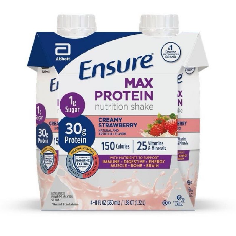 ensure max protein nutrition shake creamy strawberry non-caffeinated - 30g protein - 11 fl oz/4pk: kosher, halal, gluten-free, lactose sensitivity. 12 count