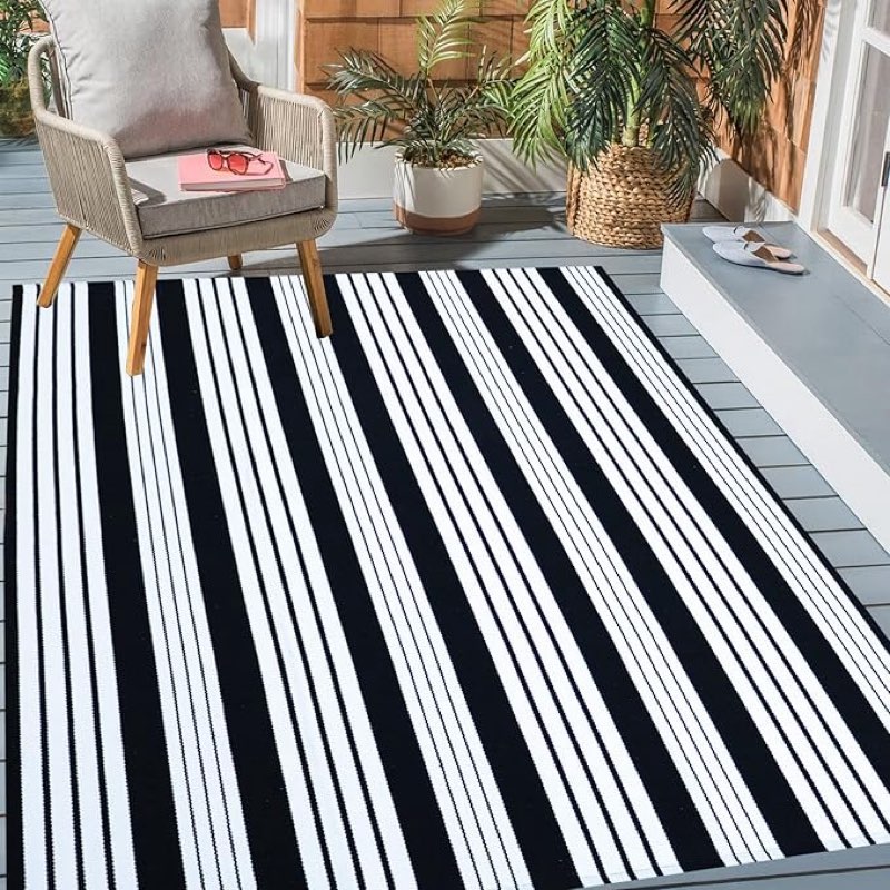 Black and White Outdoor Rug - 4'x6' Striped Cotton Woven Area Rug Machine Washable Area Rug, Indoor/Outdoor Patio Floor Mat for Farmhouse/Porch/Lawn/Bedroom