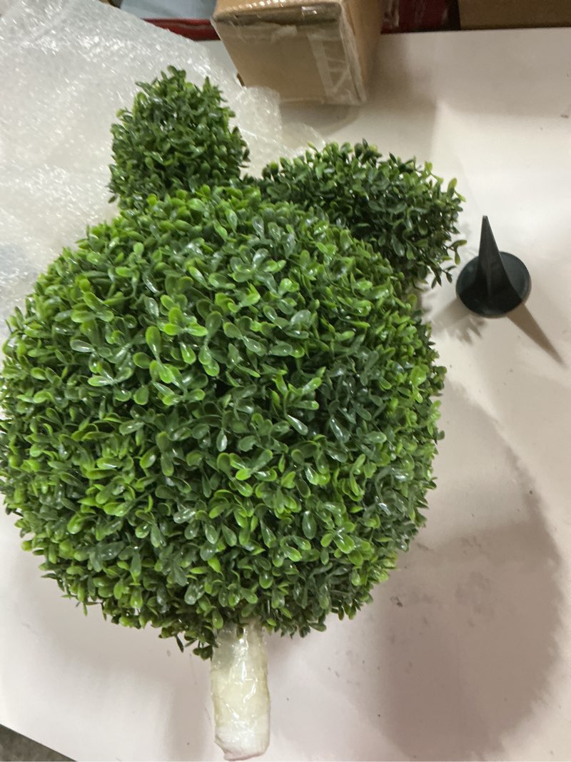 Condition photo showing As Is for ((Only One))Damomo 27'' Artificial Bunny Shaped Topiary Trees with Ground Spike Set of 2, Outdoor Indoor Faux Boxwood Topiary Ball Bushes Potted Fake Shrubs Front Porch Decor Outside Garden