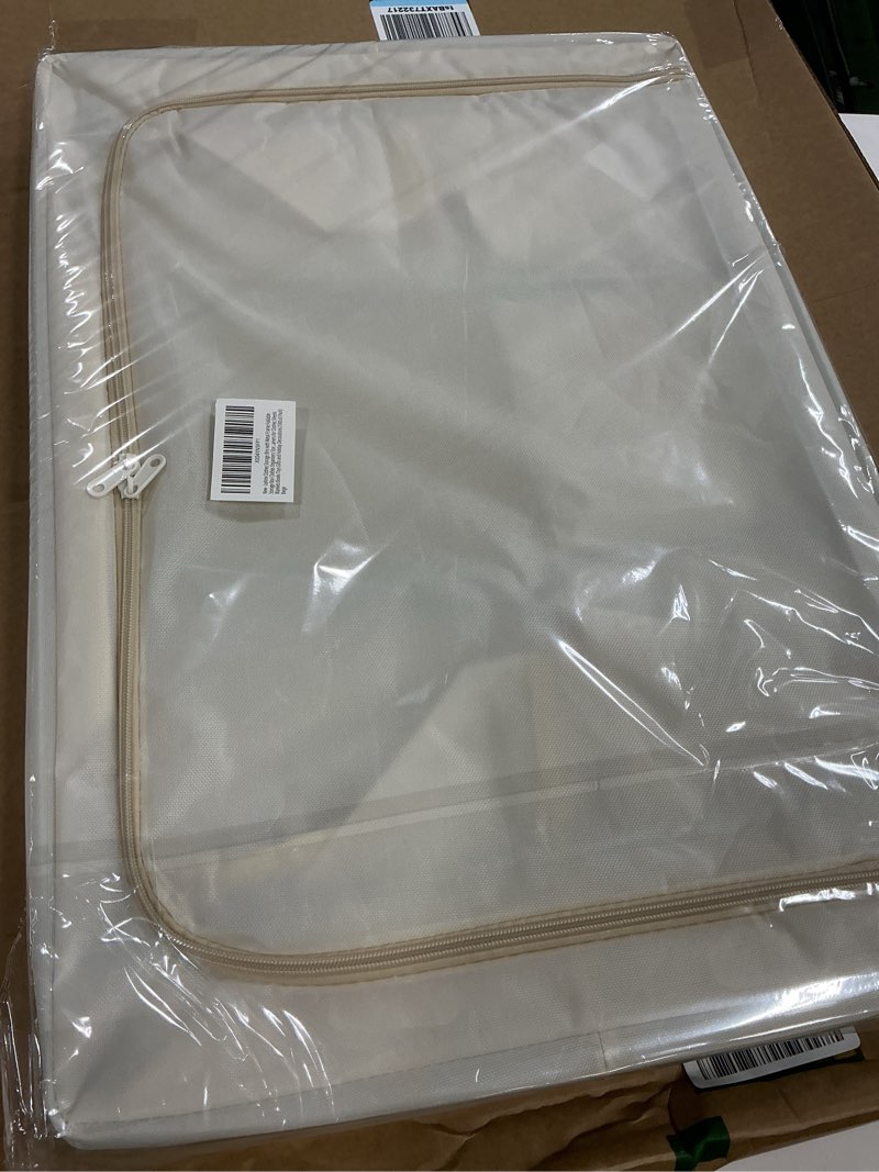Condition photo showing New/Like New for clothes storage bins with metal frame, foldable clothes organizers storage containers for clothes, sheets, blankets, pillows and towels (100l, 3 pack) beige 100l(23.6''x16.5"x15.7") beige