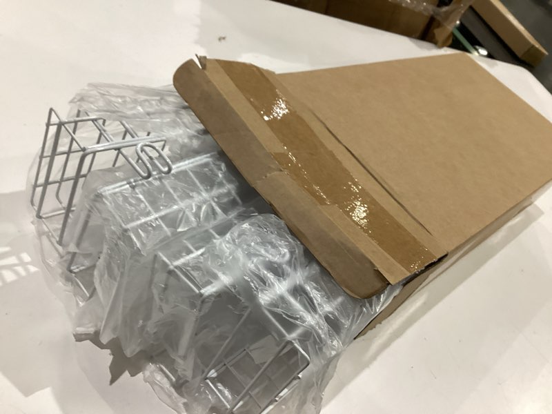 Condition photo showing Good Condition for blulu 4 pcs 15.75 x 3.94 x 1.97 inch metal grid wall baskets with hooks grid wall shelves hanging wire basket multi function storage organizer for kitchen organizing display (white) white 15.75 x 3.94 x 1.97 inch