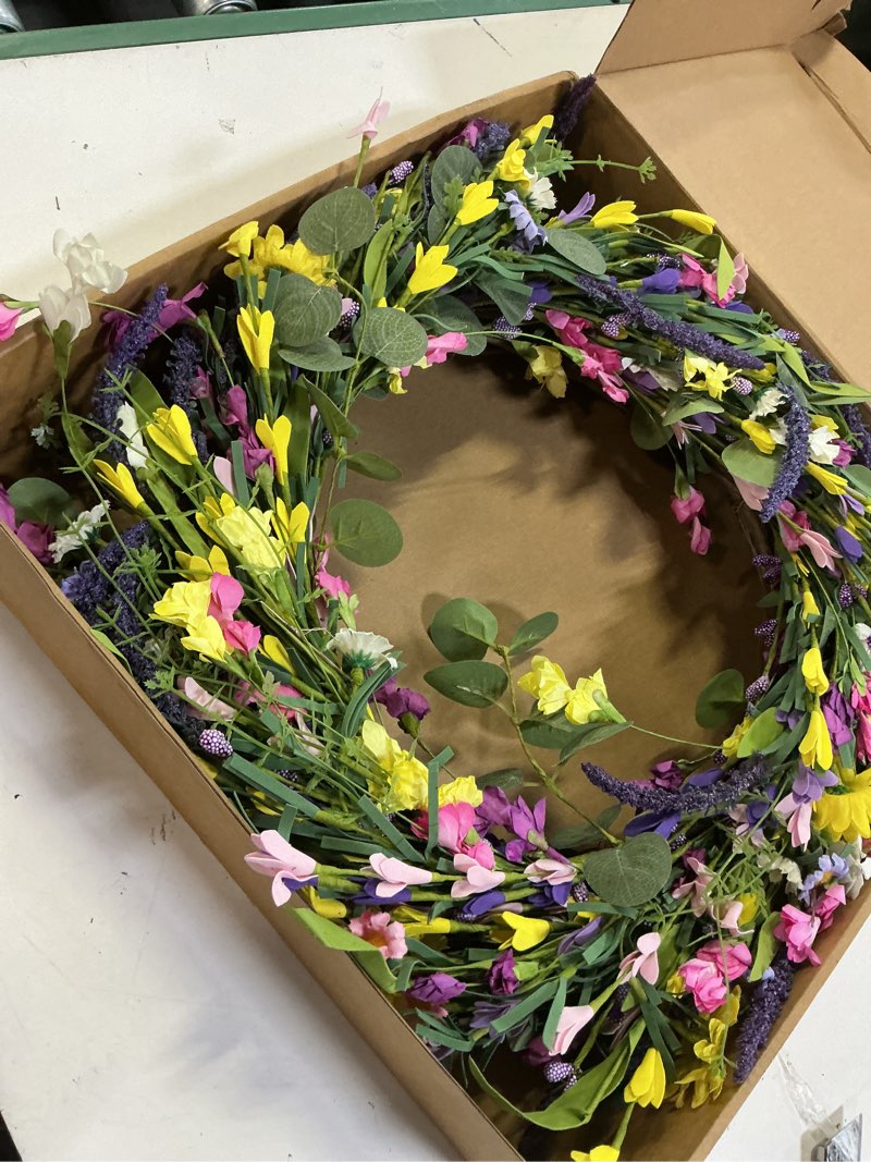 Condition photo showing Good Condition for j'floru spring wreath 24 inch summer wreaths for front door artificial flower wreath with daisy and lavender for indoor outdoor and easter celebration