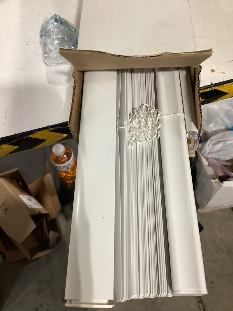 Condition photo showing As Is for project source room darkening 1-in slat width 29-in x 64-in cordless white vinyl room darkening mini-blinds