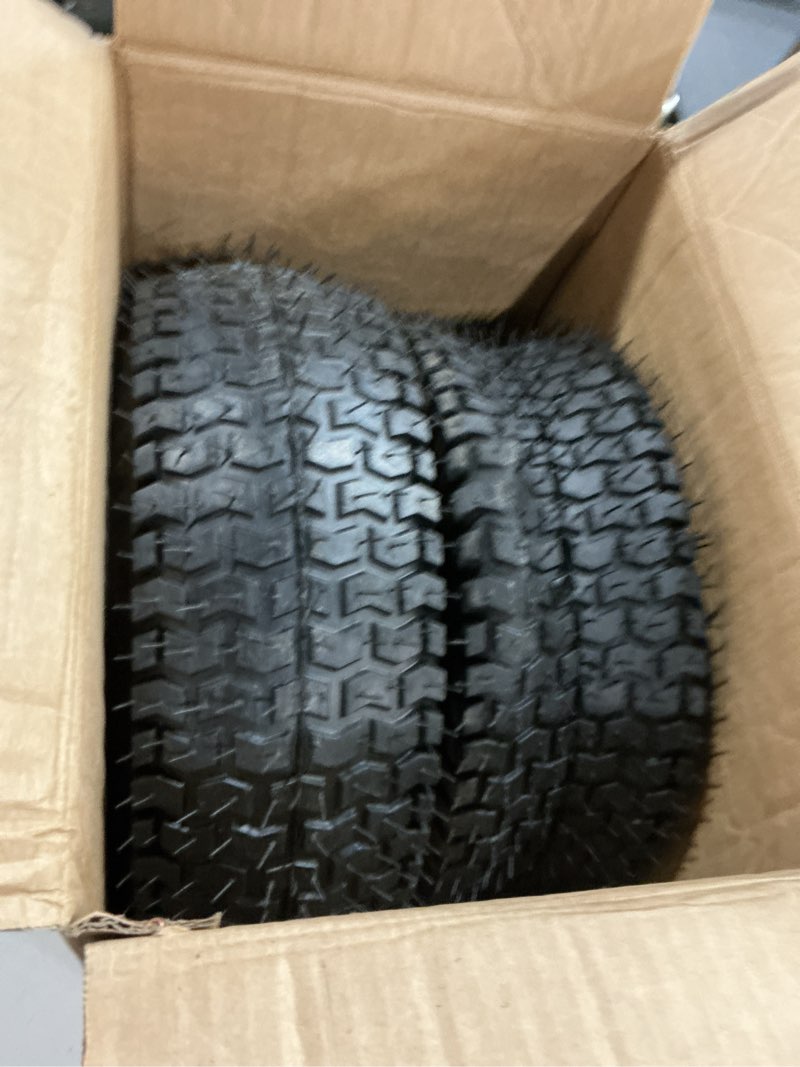 Condition photo showing As Is for ar-pro (2 pack) 13 x 5.00-6 lawn mower tire and wheel for riding mower lawn tractor, 3" centered hub and 3/4" bushings, 4-ply tubeless turf-v pattern 13 x 5.00-6" tubeless (centered hub) silver