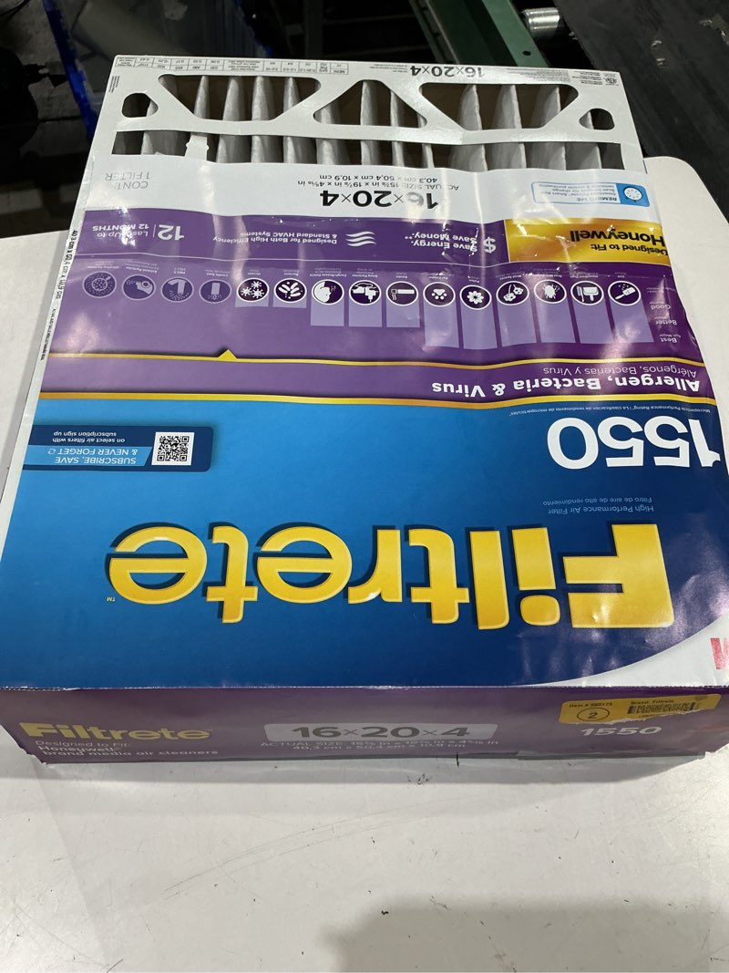 Condition photo showing As Is for filtrete 16 x 20 x 4 merv 12 1550 mpr allergen, bacteria and virus electrostatic pleated air filter