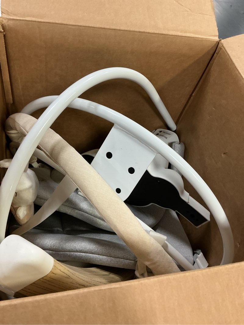 Condition photo showing As Is for Baby Swing for Infants, Portable Electric Baby Swings with Bluetooth, 5 Swing Speed, 10 Lullabies, 5-Point Harness, Remote Control & Touch Panel - Infant Swing for Indoor & Outdoor Use, Wood Grain