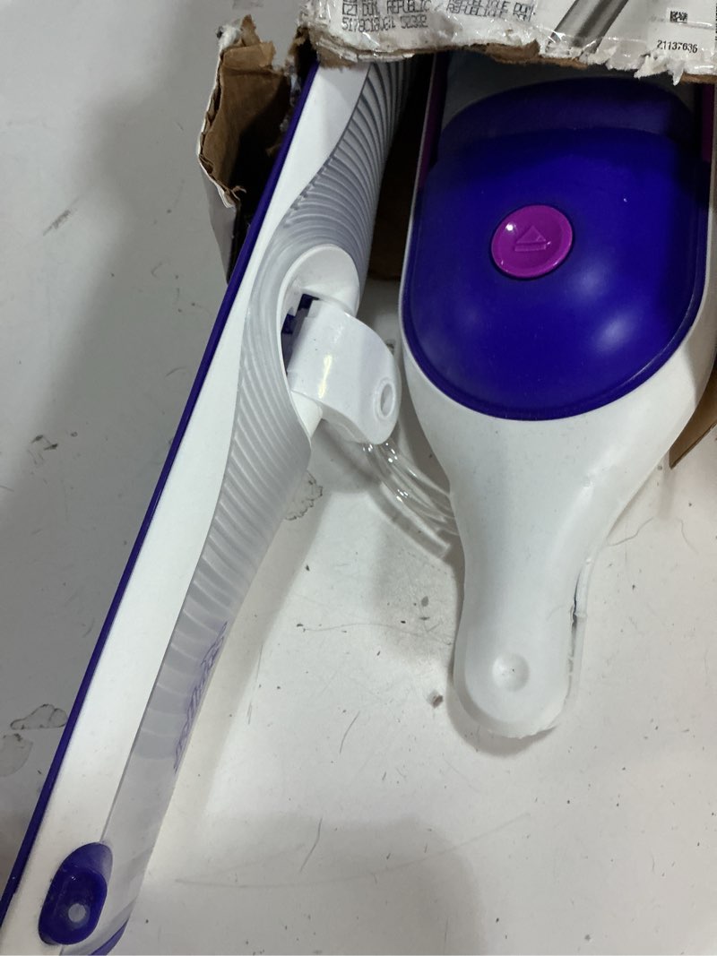 Condition photo showing As Is for Swiffer PowerMop Multi-Surface Mop Kit for Floor Cleaning, Includes PowerMop, 2 Mopping Pad Refills, 1 Cleaning Solution with Fresh Scent and 2 Batteries Purple and White
