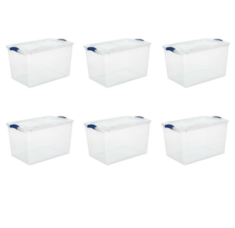 sterilite 66 quart clear plastic storage container with latch lid  blue  6 pack