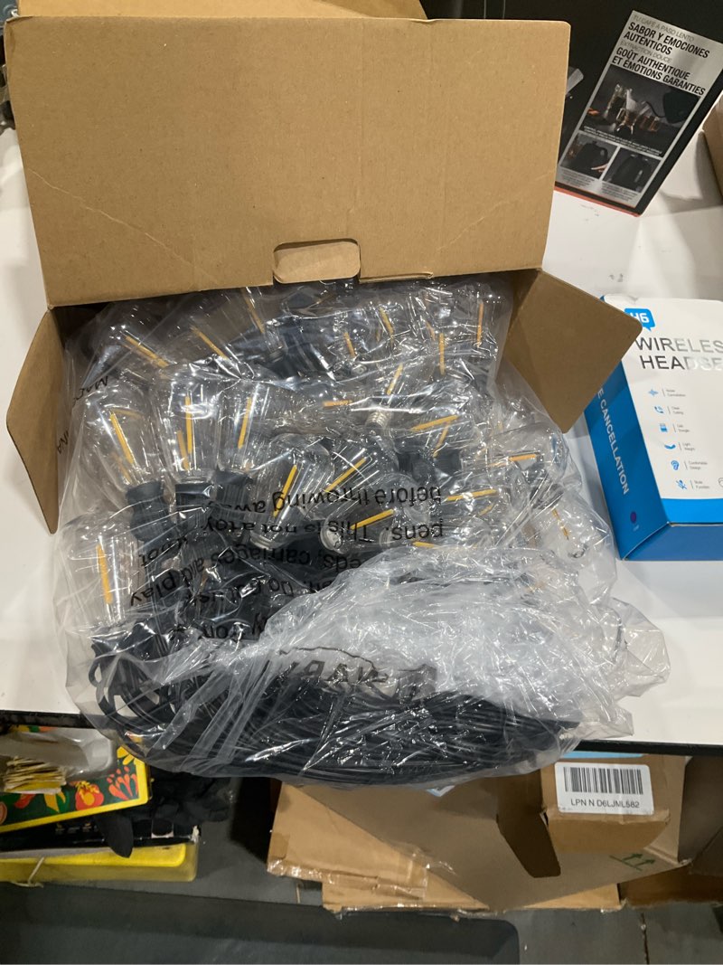 Condition photo showing Good Condition for brightever led outdoor string lights 100ft patio lights with 52 shatterproof st38 vintage edison bulbs, outside hanging light waterproof for porch, deck, garden, backyard, balcony, 2700k dimmable black wire 100ft-warm white