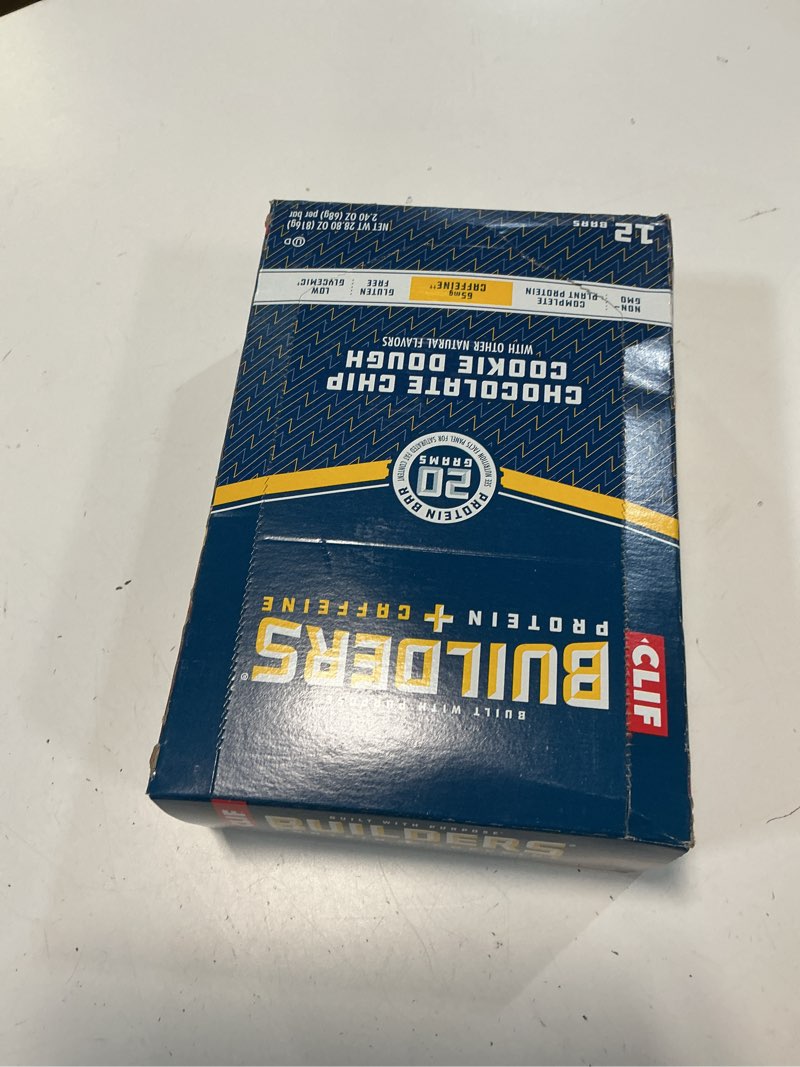 Condition photo showing New/Like New for ( 10/04/26) CLIF BUILDERS + Caffeine Protein Bars - Chocolate Chip Cookie Dough Flavor - 20g Plant Based Protein - Gluten Free - Non-GMO - Low Glycemic - No Artificial Sweeteners - 2.4 oz. (12 Pack) Chocolate Chip Cookie Dough 1 Count (Pack of 12)