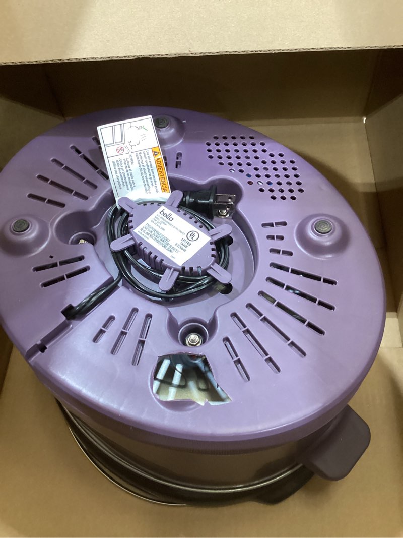 Condition photo showing Good Condition for bella 6.0 qt manual slow cooker, ceramic nonstick coating, 3 temperature settings, dishwasher safe stoneware pot and tempered glass lid, cool touch handles & tangle free cord wrap, plum