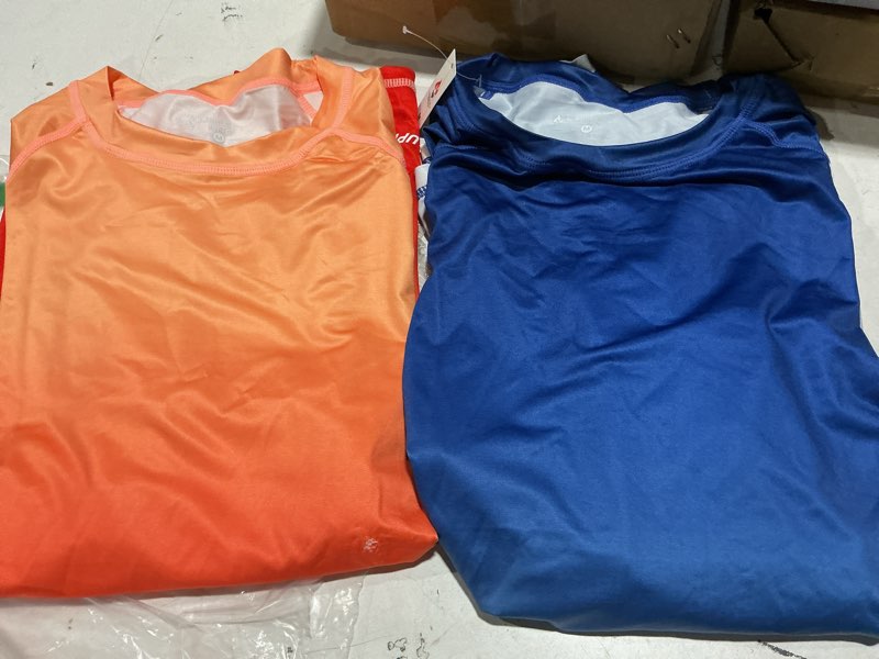 Condition photo showing As Is for orange shirt has small hole  2 pack men’s rash guard long sleeve swim shirts upf 50+ sun protection – quick dry lightweight uv fishing surf shirt medium gradient blue/orangen