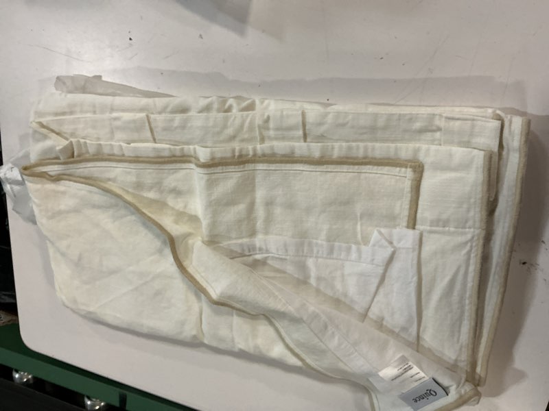 Condition photo showing As Is for quince piped edge cotton curtain - single panel color is ivory/oatmeal pipin size 48in x 96in