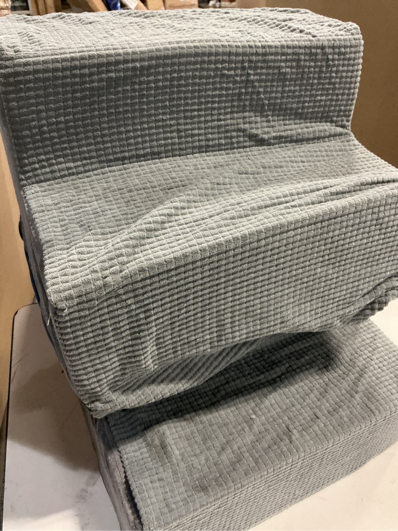 Condition photo showing As Is for heeyoo dog stairs for small dogs, 4-step dog steps for high bed and couch, high-density foam pet steps with supporting board, non-slip removable washable cover, grey, 18" high corduroy 4 steps,18"