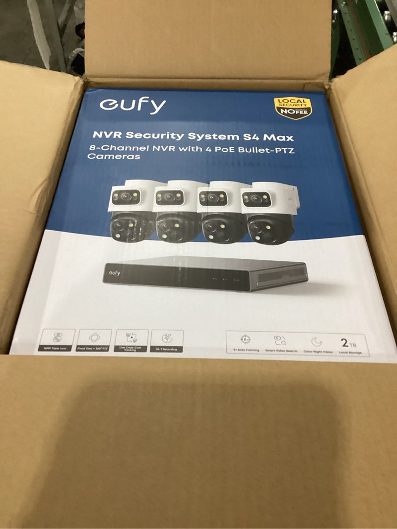 Condition photo showing New/Like New for eufy 4K NVR Security Camera System S4 Max, Power Over Ethernet, Wired, 24/7 Recording, Triple Lens Bullet-PTZ Cam, 360° PTZ, Up to 16CH, Cross-Cam Tracking, 8× Auto Zoom, Smart Video Search, 2TB HDD 4 Bullet-PTZ Cams