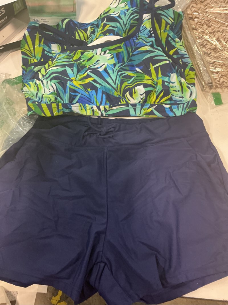 Condition photo showing Good Condition for tempt me two piece tankini swimsuits for women tummy control bathing suit with shorts athletic two side pockets swimwear green blue leaves medium