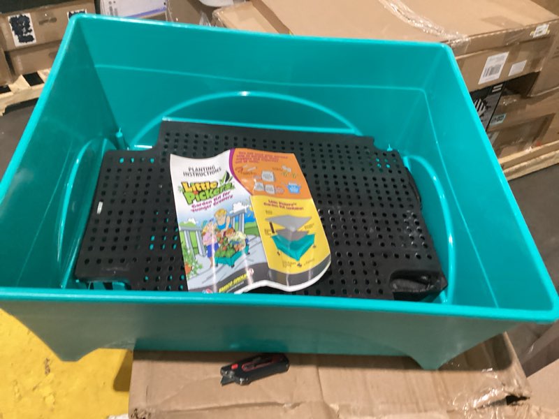 Condition photo showing As Is for 24.5 in. x 20.5 in. patio raised garden bed grow box kit with watering system and casters in aquamarine