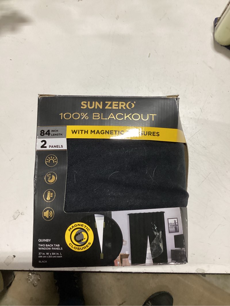 Condition photo showing Good Condition for sun zero belize 2-pack magnetic closure pleated look theater grade 100% blackout back tab curtain panel pair, 37\\\" x 84\\\", black 37\\\"w x 84\\\"l (pack of 2)