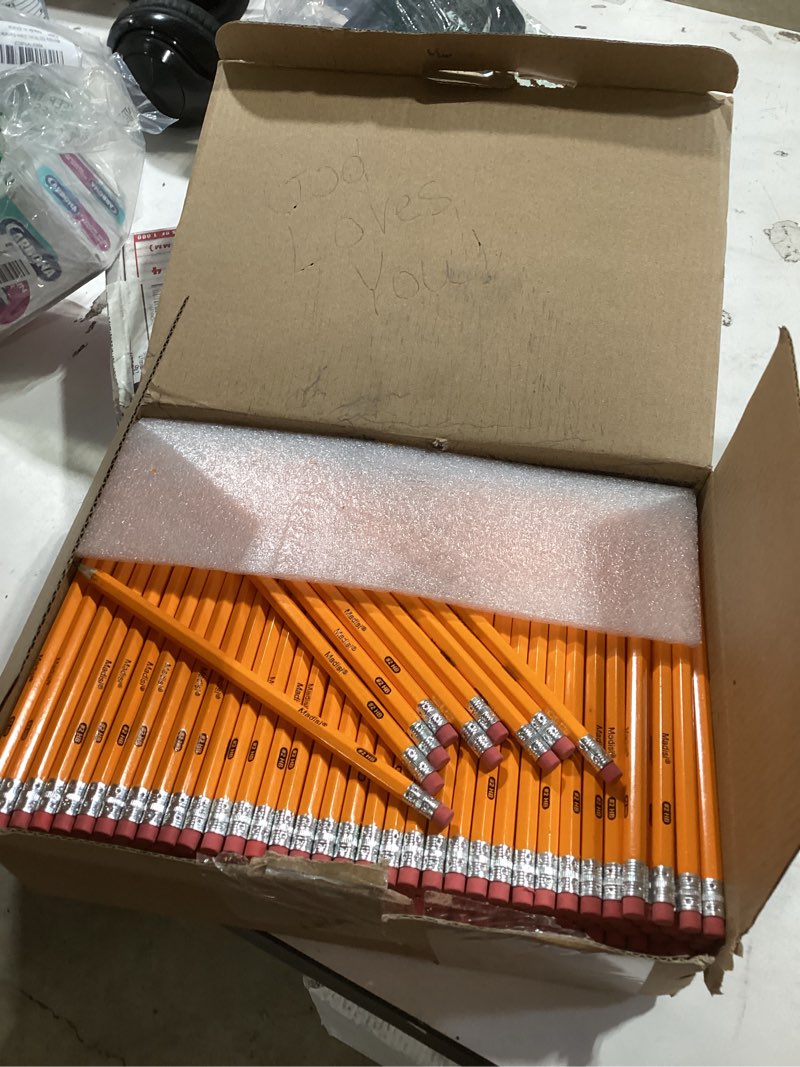 Condition photo showing New/Like New for madisi wood-cased #2 hb pencils, yellow, pre-sharpened, bulk pack, 320 pencils