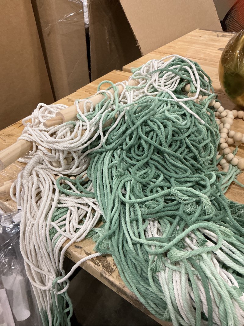 Condition photo showing New/Like New for crystalsylara large macrame wall hanging boho wall decoration art, 57" w x 43" l green & cream fiber dip-dyed tapestry handwoven fiber and wood beads decor for bedroom living room home decor