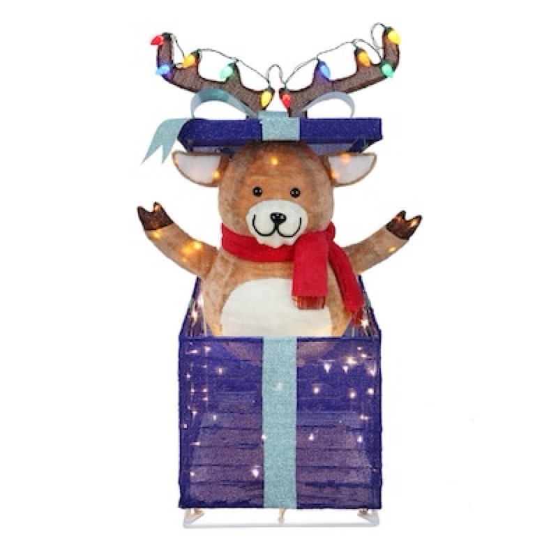 holiday living 4-ft animatronic led reindeer in giftbox yard decoration